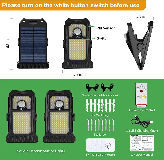 Tryme 118Leds Solar Lights Outdoor Clip Motion Sensor Lights Security Light 3 Modes 3 Color Temperature Solar Powered USB Charging (2 Pack)