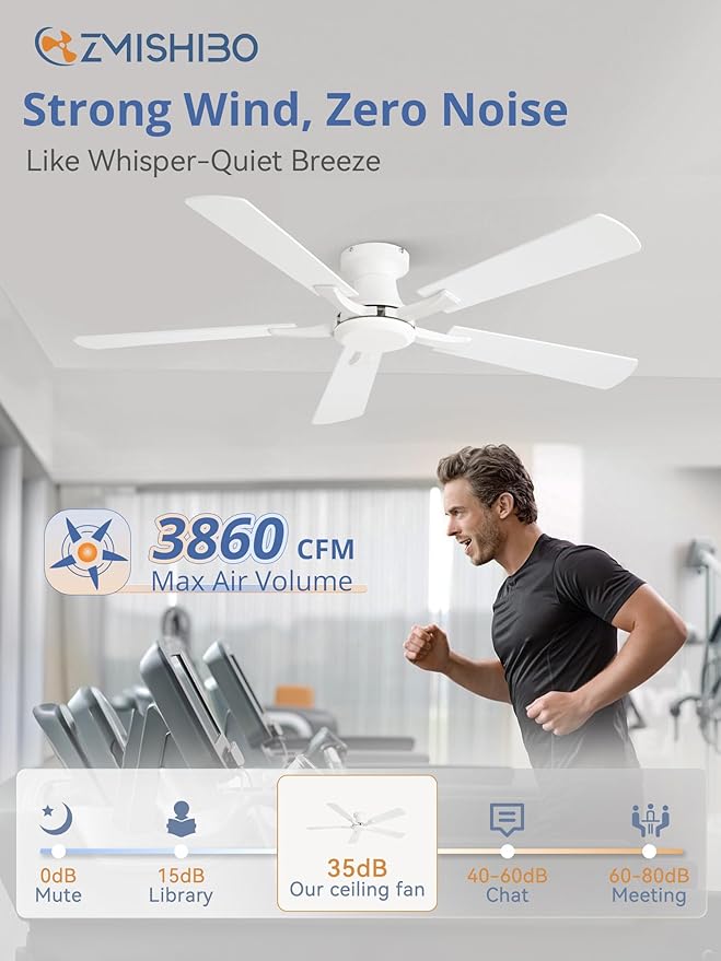 ZMISHIBO 52 Inch Ceiling Fan No Light Flush Mount Low Profile Modern White Ceiling Fan Without Light Remote Control &amp Quiet DC Motor for Indoor&ampOutdoor Bedroom Living Room