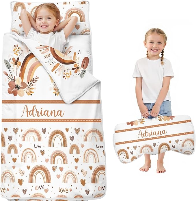 Personalized Boho Rainbow Toddler Nap Mat with Pillow and Blanket Custom Name Kids Sleeping Bag for Daycare Preschool Napping Mats for Girls Kids Slumber Bags Sleep Padded Easy Roll Up