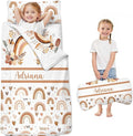 Personalized Boho Rainbow Toddler Nap Mat with Pillow and Blanket Custom Name Kids Sleeping Bag for Daycare Preschool Napping Mats for Girls Kids Slumber Bags Sleep Padded Easy Roll Up