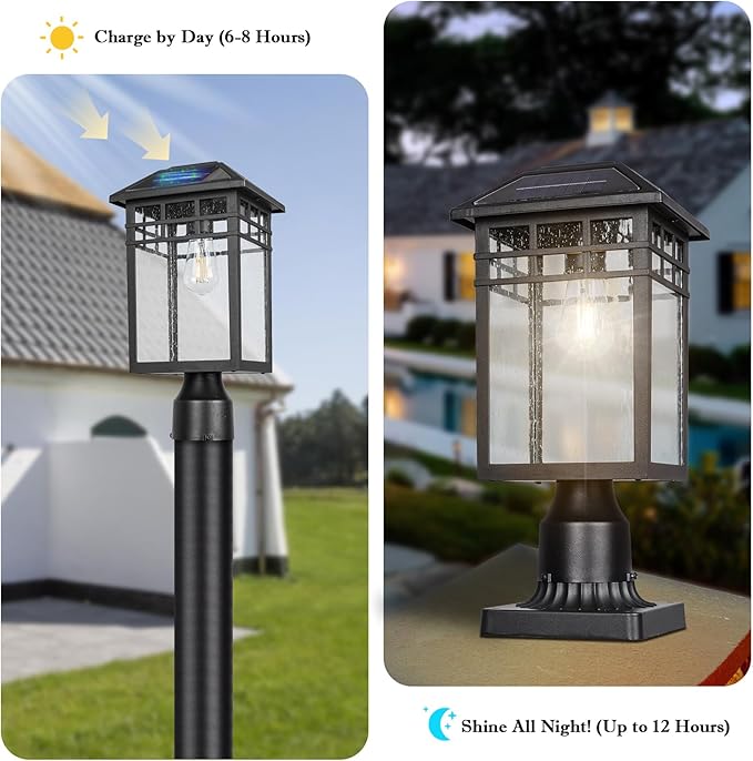 Solar Outdoor Post Light Fixture Modern Exterior Pillar Lantern with Black Finish &amp Seeded Glass Dusk to Dawn Outside Pole Light for Garden Backyard Courtyard Patio Pathway