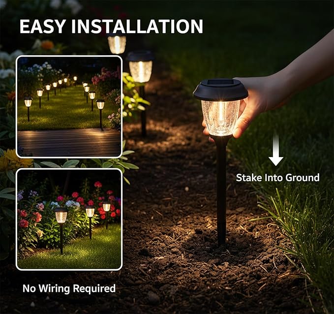 XMCOSY+ Solar Lights Outdoor 10/25 LM LED with 2 Lighting Modes Solar Garden Lights Glass and Metal IP65 Waterproof Solar Powered for Yard Pathway Walkway Driveway Patio (6 Pack Warm White)