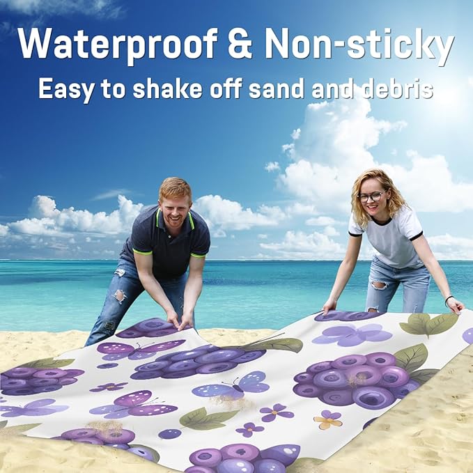Waterproof Sandproof Beach Blanket 59''×68'' Fruit Blueberries Polyester Outdoor Picnic Blanket with 4 Stakes &amp Storage Bag for BeachCampingVacation White