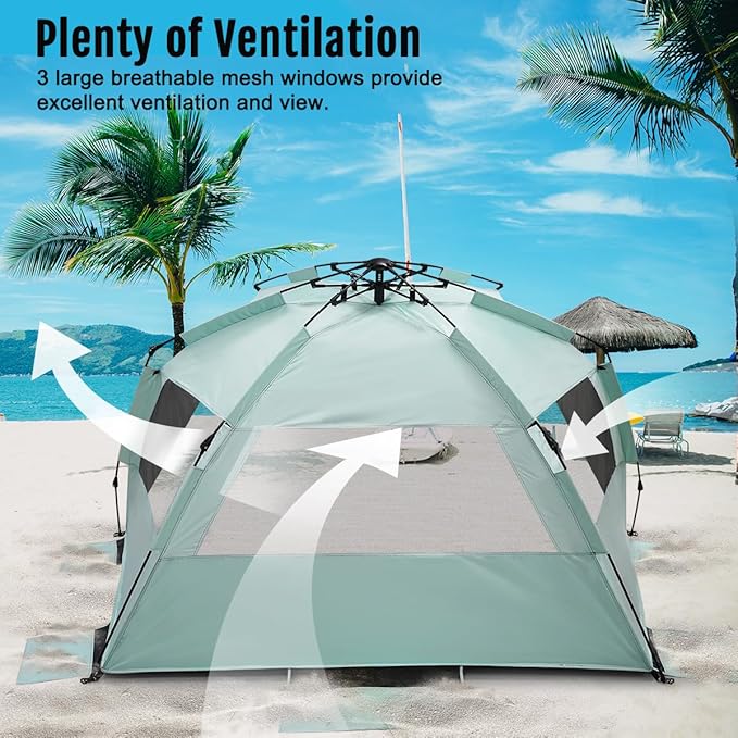 WhiteFang Deluxe Pop Up Beach Tent Sun Shade Shelter for 3-4/5-6 Person UV Protection Extendable Floor with 3 Ventilating Windows Plus Carrying Bag Stakes and Guy Lines