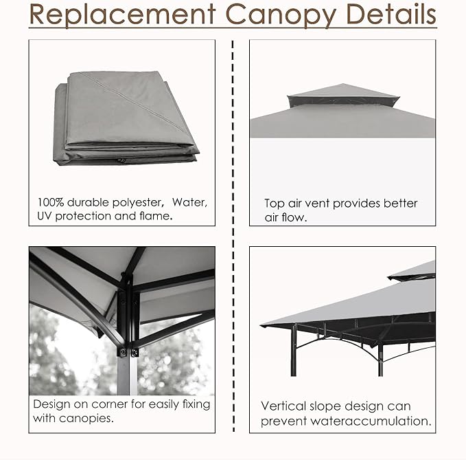 Grill Gazebo Replacement Canopy Roof – Hugline 5x8 Outdoor Grill Shelter Canopy Top Double Tiered BBQ Tent Cover Fit for Model L-GG001PST-F (Gray)