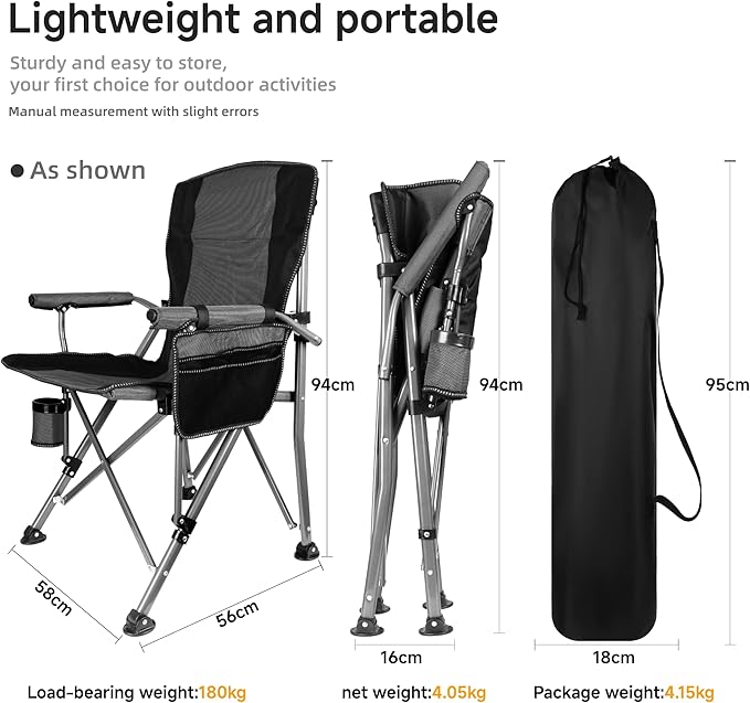 Folding Camping Chair with Cup Holder and Storage Bag Heavy Duty Support 400 LBS Oversized Collapsible Portable Camping Chair for Outdoor Camp Picnic Travel Fishing Grey
