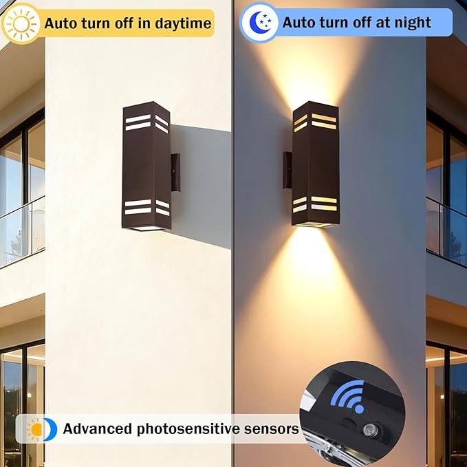 Dusk to Dawn Outdoor Wall Light Brown Exterior Up Down Lights Outdoor Light Fixture Porch Lights Wall Mount 2 Pack IP65 Aluminum Modern Outside Lights for House Front Door Porch