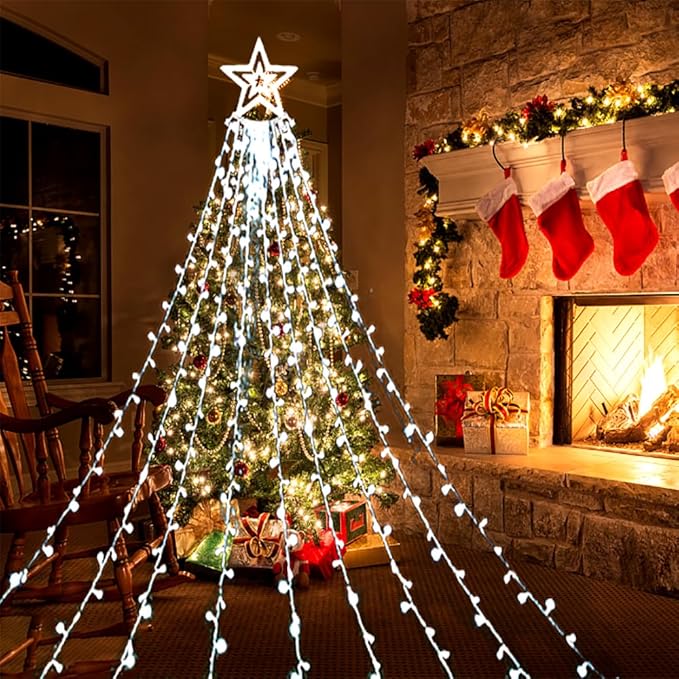 Aokudoni Christmas Decorations Outside 12.6FT 350 LED 8 Modes Star Christmas Lights Outdoor for House Yard Porch Holiday Decoration Cool White