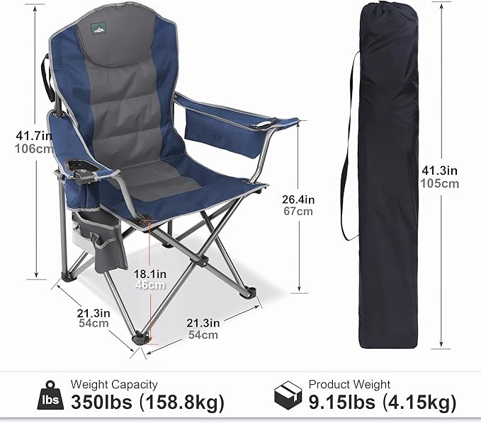 Northroad Oversized Camping Chair Full Padded Outdoor Folding Chair Support 350 LBS Heavy Duty Lawn Chair w/Cup Holder Cooler Bag Shoulder Straps for Adult-Blue