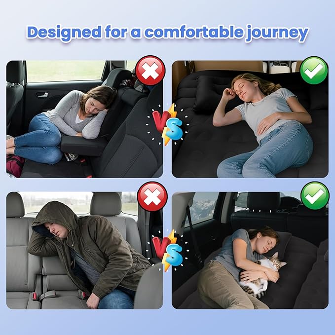 Car Air Mattress - Inflatable Bed SUV Mattress for Cars RV Truck Backseat Trunk Portable Camping Bed Flocked Airbed Sleeping Mat for Vehicle Travel Road Trip Indoor&ampOutdoor Activities (Black)