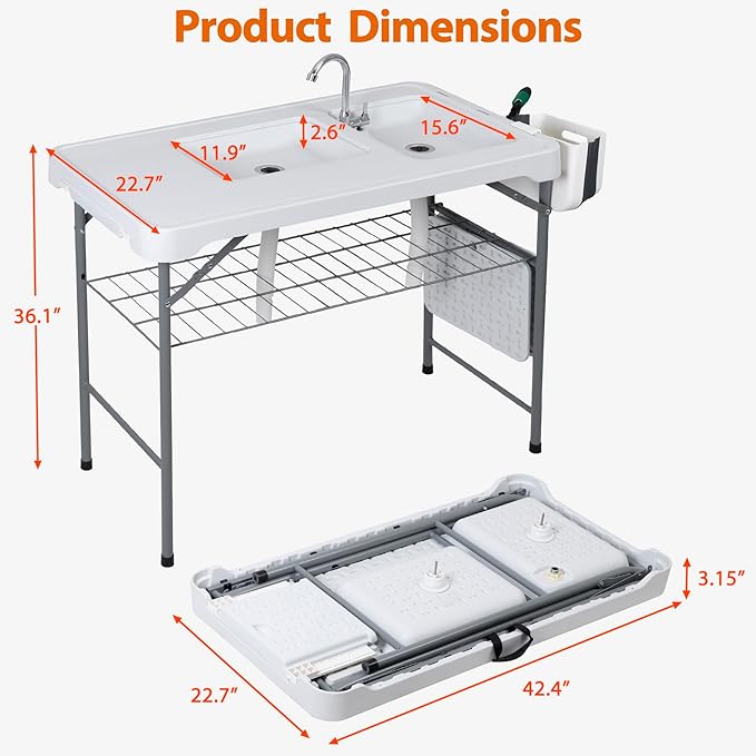 HomGarden 42.4Folding Fish Cleaning Table with Sink Portable Camping with Grid Rack Fish Cleaning Outdoor Fish Fillet Cutting Table with Drainage Hose for Patio Backyard BBQ