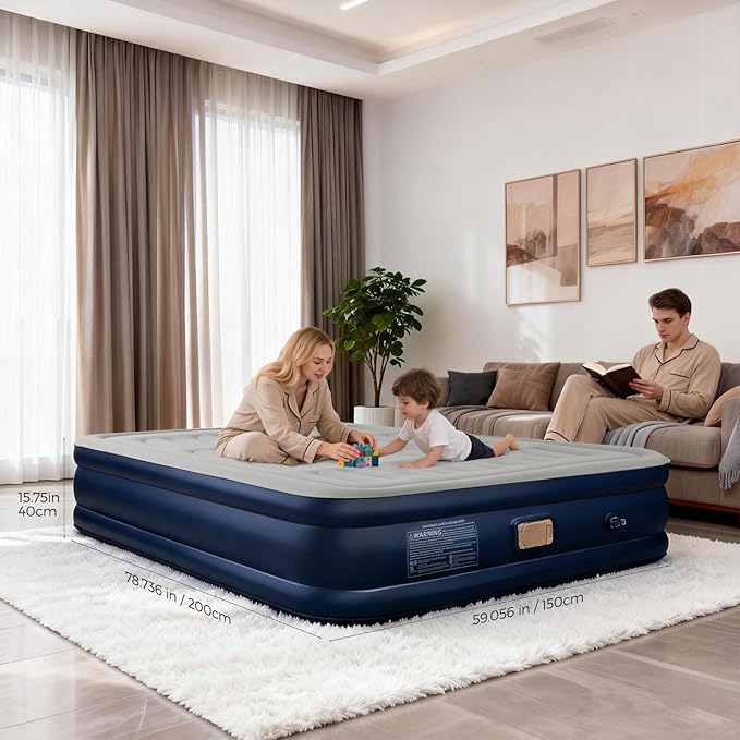 BEBAS Queen Size Air Mattress with Built-in Pump | Fast Inflation &amp Deflation | 16 Tall Extra High Support | 720lbs Max Weight Capacity | for Home Camping Guest &amp Office Use (Blue)