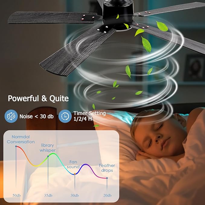 52 inch Modern Ceiling Fans with Lights APP/Remote Control Low Profile Reversible 6 Speeds Ceiling Fan Light for Indoor/Outdoor Patio Bedroom Living RoomBlack