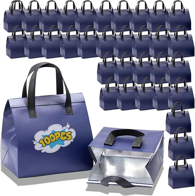 100 Pcs Insulated Take Away Bags Disposable Lunch Bags For Food Takeaways Coffee Milk Tea Seafood Pizza For Restaurants And Grocery Shops 9.5 x 6 x 10 In (Navy Blue)