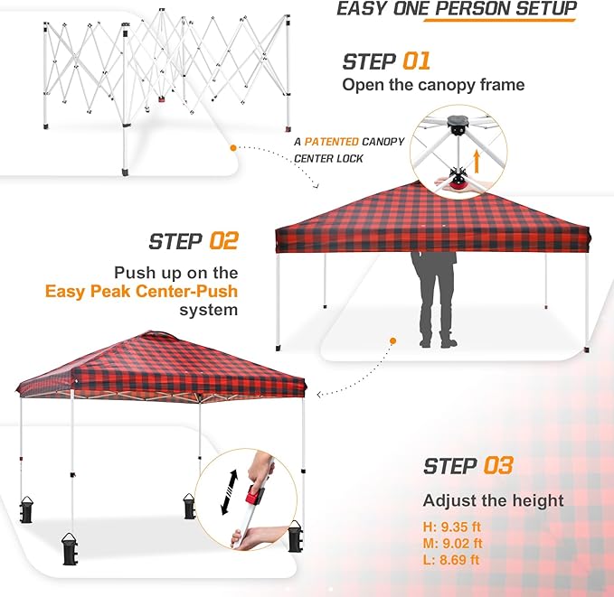 EAGLE PEAK Pop Up Canopy Tent with Wheeled Carry Bag 8 Stakes 4 Ropes 4 Weight Bags Easy Set Up Tent Canopy 10x10 ft 100sqft of Shade Red Plaid