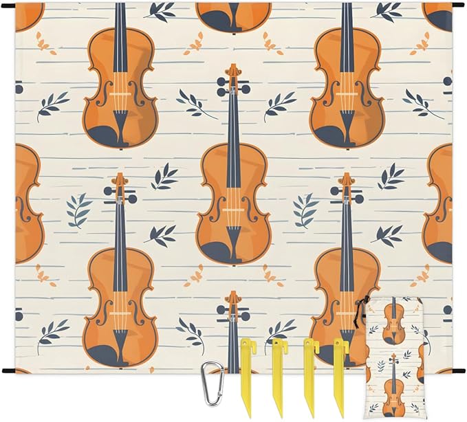 Waterproof Sandproof Beach Blanket 59''×68'' Violins Polyester Outdoor Picnic Blanket with 4 Stakes &amp Storage Bag for BeachCampingVacation Straw-Yellow
