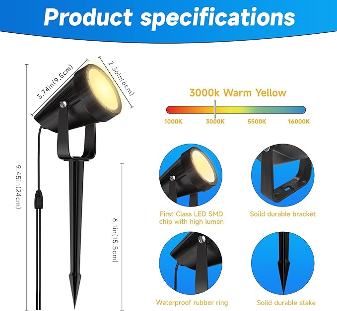 Outdoor Landscape Lighting Low Voltage 29.5FT Wired LED Spot Light with Plug-in Transformer IP65 Waterproof Outside Uplight 7W 840LM for Yard Garden Tree Pathway House Warm Yellow 3000K Pack of 4