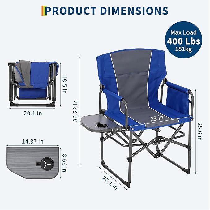 2 Pack Directors Camping Chairs with Side Table &amp Pocket Heavy Duty 400LB Capacity Portable Folding Chairs for Adults Outdoor Lawn Beach Chair for Camping Sports Backyard (Navy &amp Grey)