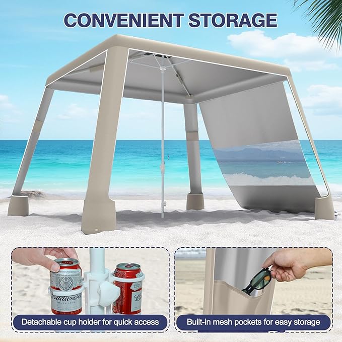 Beach Tent8'×8' Large Beach Canopy for 4-6 PeopleEasy Setup Beach Sun Shelter with UPF 50+ ProtectionAdjustable Height &amp Wind Resistant Beach Cabana for FamilyParty (Khaki - Solid)