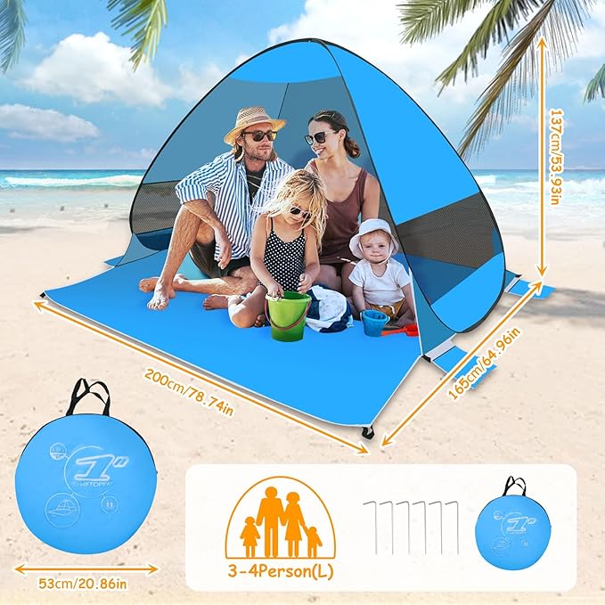 Pop Up Beach Tent Beach Shade with UPF50+ UV Protection Pop Up Tent for 3-4 Person Easy Setup Sun Shade Canopy for Camping Fishing (Light Blue)