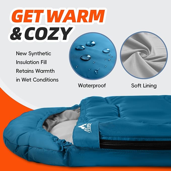 MEREZA Sleeping Bags for Adults Cold Weather Mens Warm Sleeping Bag for Big and Tall Girls Boys with Compression Sack for 3-4 Season Camping Backpacking Hiking