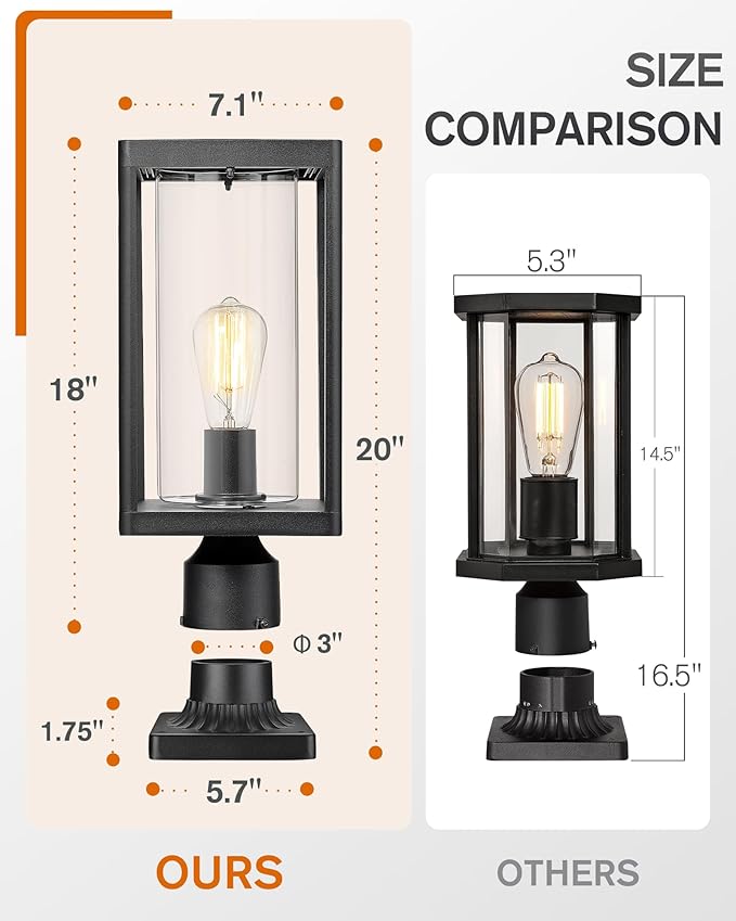 Beionxii Outdoor Post Lantern 20inch Large Modern Lamp Post Light Fixture Exterior Pillar Lights with Pier Mount Base Black Cast Aluminum w/Clear Cylinder Glass - A291P-2PK (NOT Solar 110-120V AC)