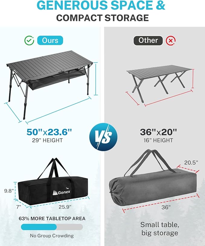 Gonex 50 Camping Table with Adjustable Height Legs for Uneven Ground Portable Folding Aluminum Roll Up Table with Mesh Pocket for Camping Picnic BBQ Cooking