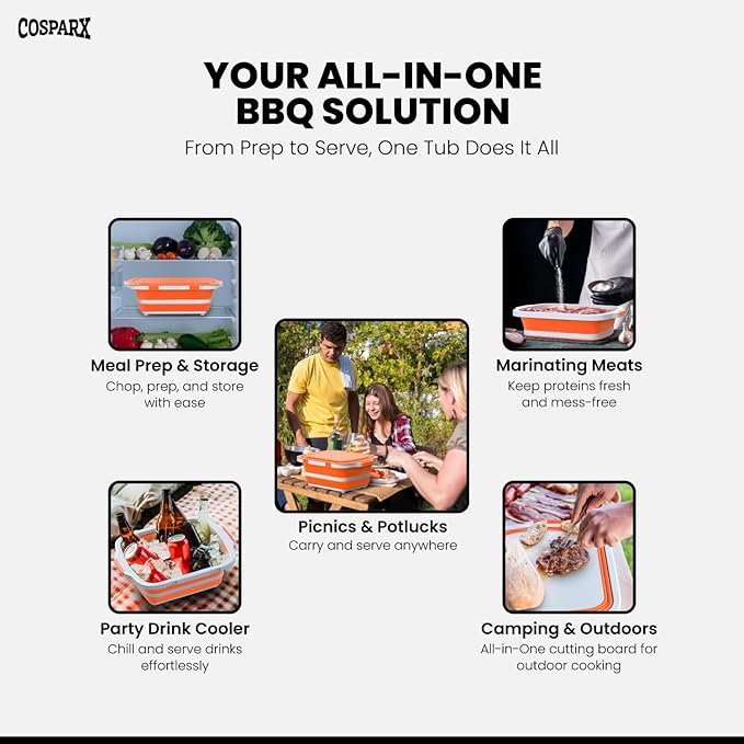 XL Collapsible BBQ Prep Tub with Cutting Board &amp Drain Plug – Portable Food Prep Station for Kitchen Camping &amp Grill – Dishwasher Safe Space-Saving Design – Heat-Resistant Glove Included (Or