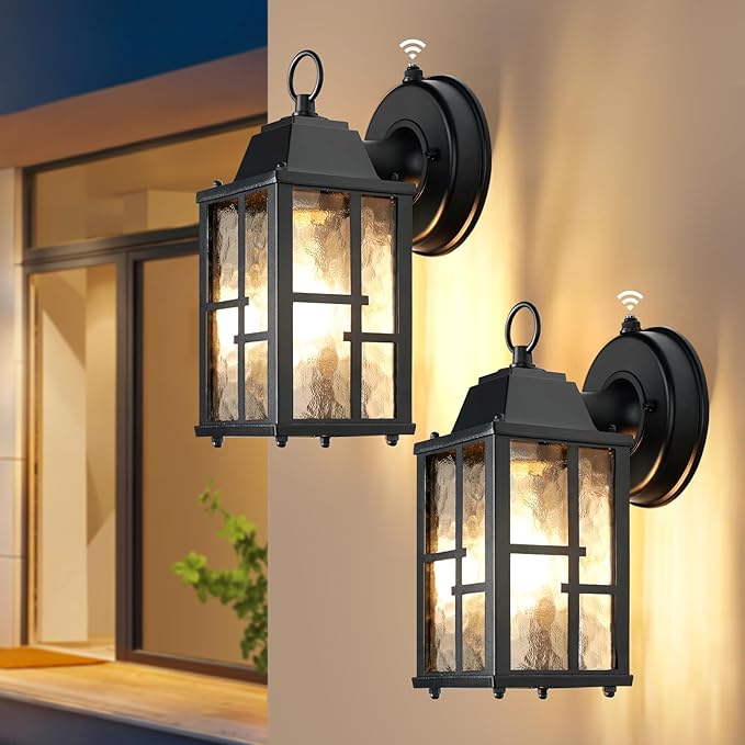OKELI Dusk to Dawn Outdoor Wall Lights Exterior Waterproof Lantern Front Porch Sconce Lighting with Water Ripple Glass Shade Anti-Rust Wall Lamps Outside Lights for Garage (Black-SIZE-S-2pack)