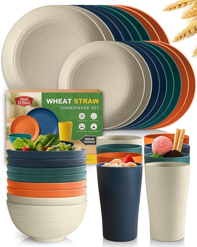 Teivio 32-Piece Kitchen Plastic Wheat Straw Dinnerware Set Service for 8 Dinner Plates Dessert Plate Cereal Bowls Cups for Everyday Dining Unbreakable Plastic Outdoor Camping Dishes Colorful