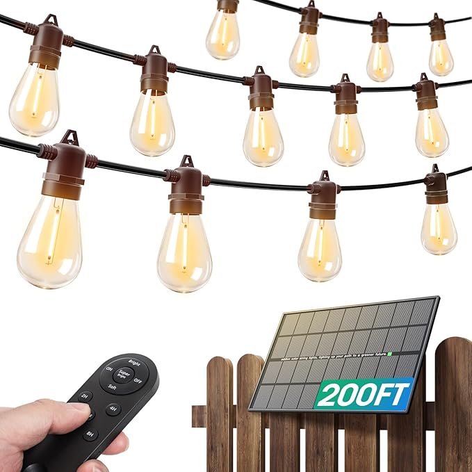 addlon 200FT(192+8) Solar String Lights Outdoor Waterproof with 6W Panel USB &amp Remote Control Patio Lights Long Last for 20+Hrs Dimmable Solar Power LED Bulbs for Porch Garden Market Bistro Backya