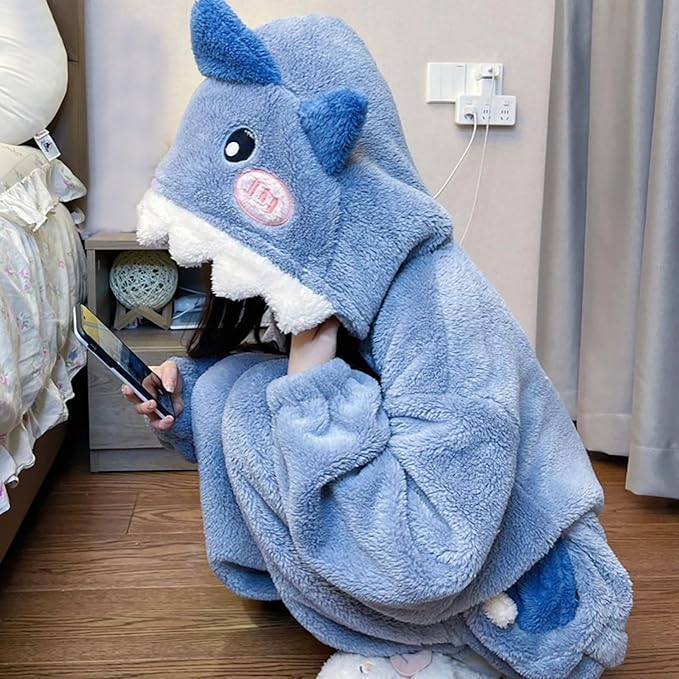 Warm one-piece blanket pajamas in autumn and winter cute shark capybara robe hooded coral velvet padded velvet home clothes.