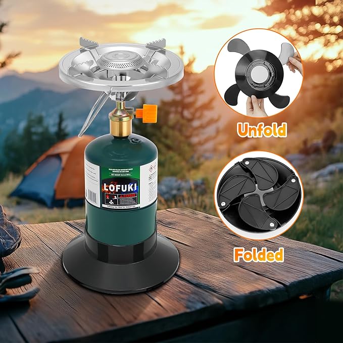 Camping Stove Propane Portable Backpacking Cooker with Single Burner Adjustable Flame Foldable Base Camp Stove Kit for Outdoor Cooking Hiking Emergency Essential (Fuel not Included)