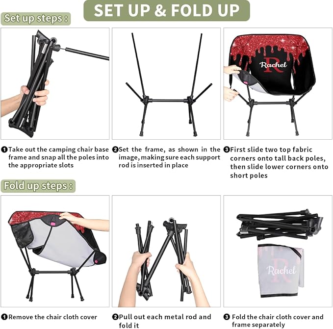 Custom Camping Chair with Name Personalized Portable Backpacking Chair Customized Lightweight Compact Folding Hiking Camp Chairs (Red)