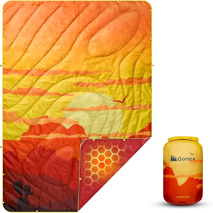 Gonex Camping Blanket with Aero-Warmth Tech Layer Puffy Printed Packable Blanket Ultralight &amp Warm Wearable Water-Resistant Quilt for Outdoor Camping Hiking Travel Picnics 79 X 55(Desert)