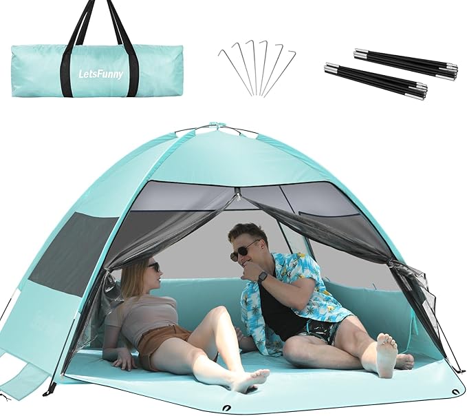 Large Easy Setup Beach TentAnti-UV Beach Shade Beach Canopy Tent Sun Shade with Extended Floor &amp 3 Mesh Roll Up Windows Fits 3-4 PersonPortable Shade Tent for Outdoor Camping Fishing (Mint Green
