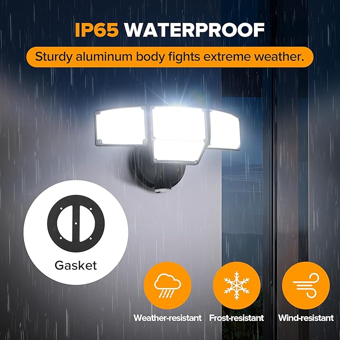 LUTEC 80W Dusk to Dawn Flood Lights Outdoor 9000LM Super Bright LED Security Light with Photocell IP65 Waterproof 5000K Daylight Hardwired 4 Heads Floodlight for Garage Yard (Black)