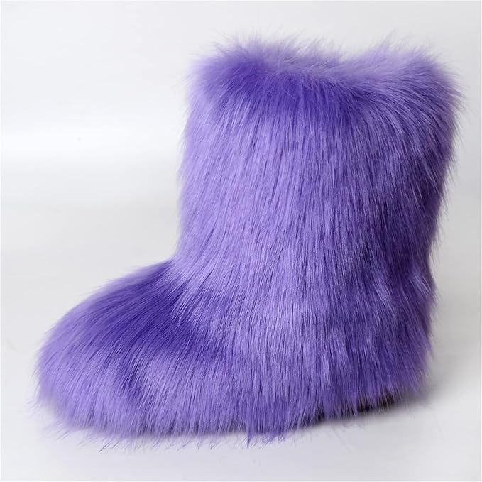 Womens Furry Faux Fur Booties Winter Warm Snow Ankle Boots Fuzzy Fluffy Furry Mid Calf Boots Outdoor Comfy Flat Shoes