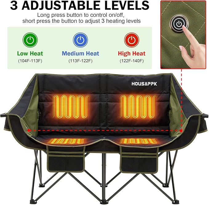 Heated Camping Chair Oversized Heated Double Camping Chair for Adults 2 People Heated Folding Outdoor Sports Chairs for Lawn Hunting and Picnic Supports 750 lbsBattery Not Included