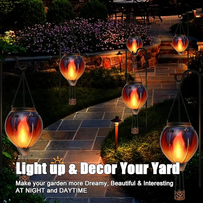Hot Air Balloon Solar Lantern - Simulated Flickering &amp Dancing Flame Glass Lantern  Outdoor Hanging Yard Light Waterproof IP65 for Garden Patio Lawn Porch Decor Gift