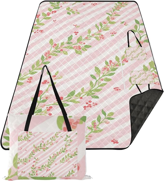 KLL Pink Green Stripe Pattern with Flowers Waterproof Beach Mat Cute Picnic Picnic Accessories Outdoor for 8 To 10 Adults Summer Gift cojines para picnic