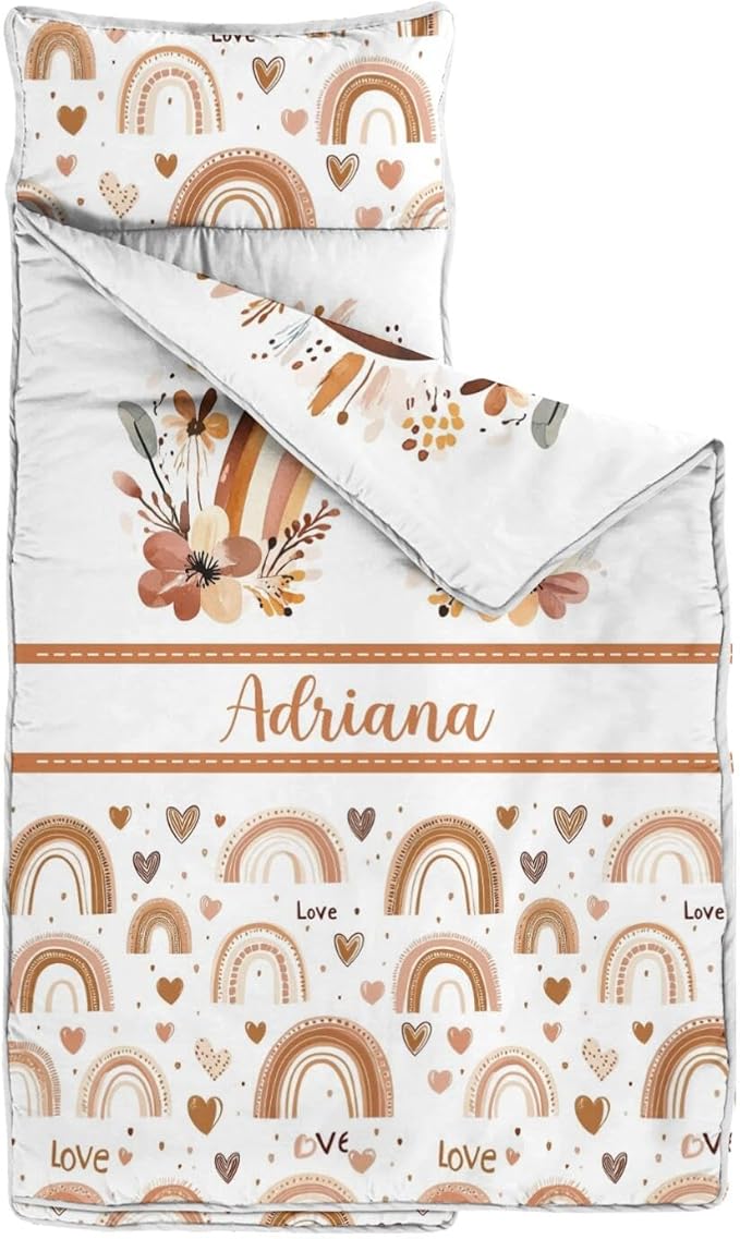 Personalized Boho Rainbow Toddler Nap Mat with Pillow and Blanket Custom Name Kids Sleeping Bag for Daycare Preschool Napping Mats for Girls Kids Slumber Bags Sleep Padded Easy Roll Up