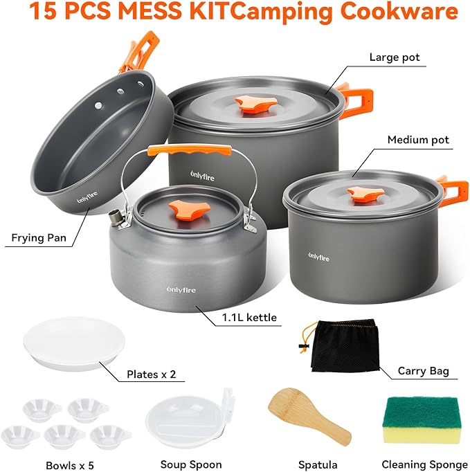 ONLYFIRE OUTDOOR LIVING14pcs Camping Cookware Set Lightweight Nonstick Pots Pan Kettle Utensils Bowls and Cleaning Tool with Mesh Bag for Camping Hiking Backpacking RV Tailgating Cooking CT604