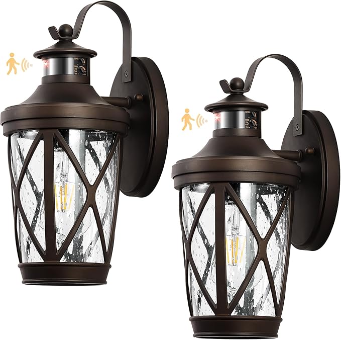VIANIS Motion Sensor Outdoor Wall Lantern for Porch Oil Rubbed Bronze Exterior Lighting Fixtures Wall Mount 2-Pack Exterior Sconce Light with Tempered Seed Glass Outdoor Garage Lights for Coach