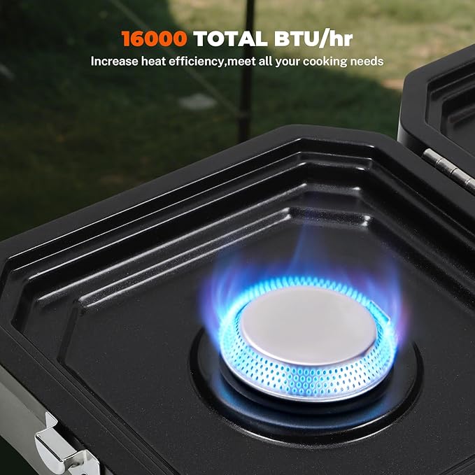 2 Burner Propane Camping Stove With GrillPortable Foldable Camp Stove With 17000BTU Two Piezo Ignition Adjustable Windproof Burners forCamping Grilling Tailgating &amp More (Green)