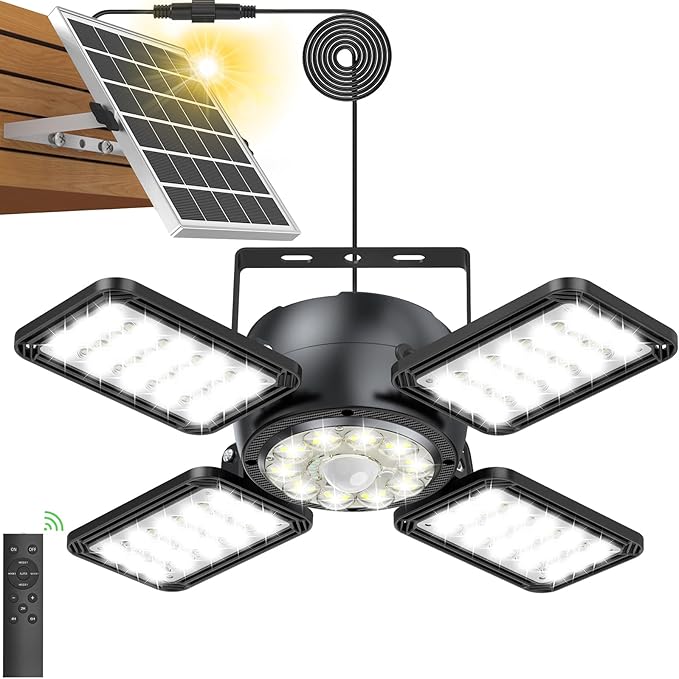 Solar Shed Light Outdoor Indoor Upgrade 1200LM 174LED 4 and 1 Heads Motion Sensor Pendant Light Solar Lights with 5 Lighting Modes Remote Control IP65 Waterproof for Barn Patio Gazebo Shop