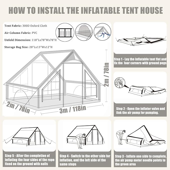 Inflatable Tents for Camping Blow Up Tent House with Hand Pump Easy Setup 4 Season Waterproof Windproof Oxford Air Tent Cabin House for Outdoor Camping Adult Fit for 2-6 Person (10FTx6.6FT)