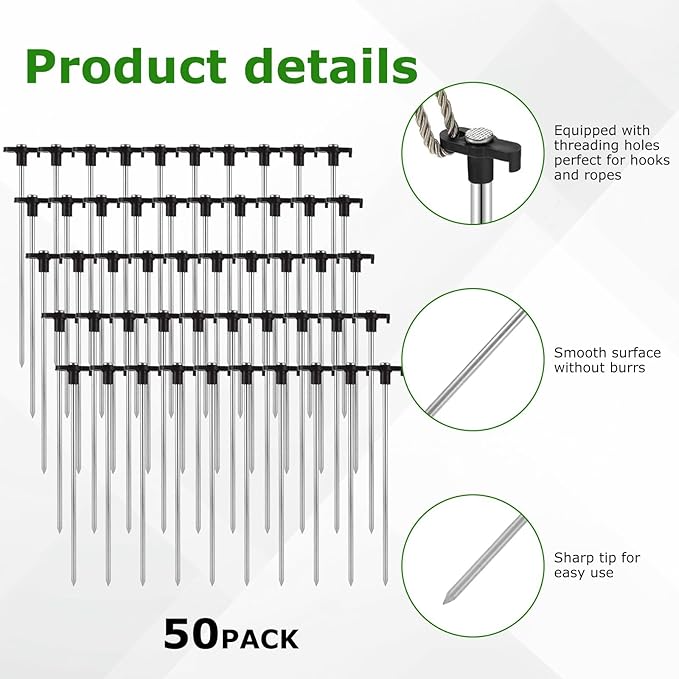 50 Pack 10 Inch Heavy Duty Tent Stakes Metal Tent Pegs for Hard Ground Black Steel Camping Stakes for Canopies Tarps &amp Gazebos Secure Ground Anchors with T-Shaped Heads