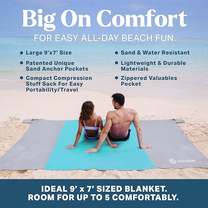 Seaview 180° Beach Blanket Waterproof Sandproof Extra Large 6x7 Sand Free Beach Mat for 1-6 Adults Oversized Outdoor Blanket with 4 Sand Pockets Portable Lightweight Packable - Picnic Mat
