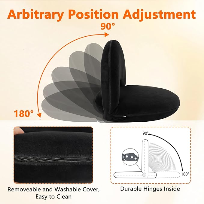 Adjustable Floor Chair with Back Support Foldable Meditation Chair Portable Stadium Seats Recreation Bleacher Seat Versatile Beach Video-Gaming ReadingBlack